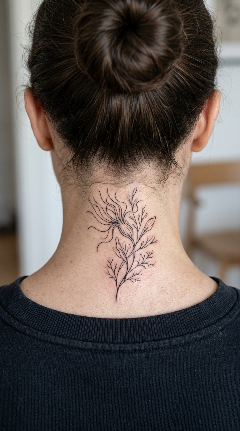 Tiefseepflanze als zartes Fineline Tattoo im Nacken