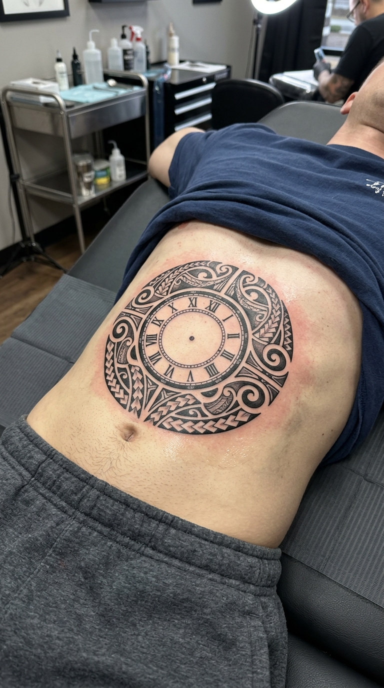 Uhr ohne Zeiger Tattoo Vorlage im Maori Stil für den Bauch