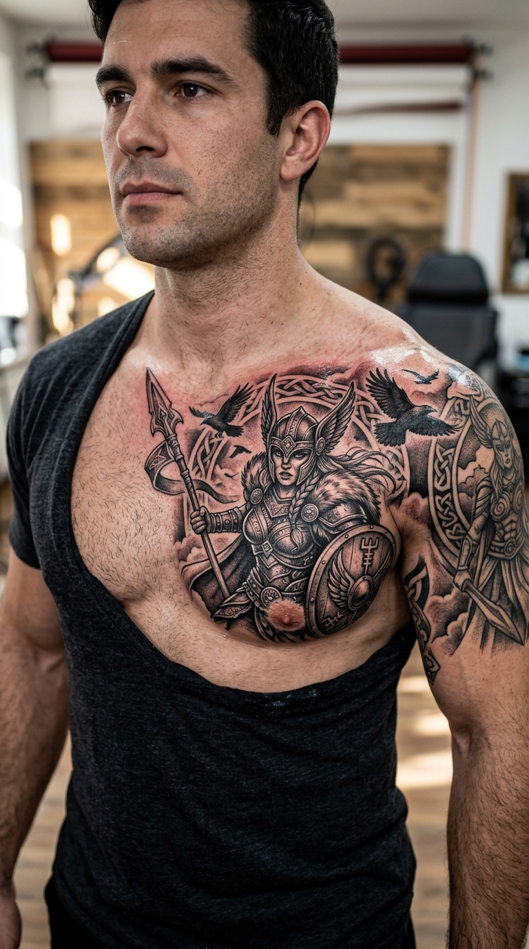 Valkyrie mit Speer als 3D Tattoo Vorlage für Brust & Oberkörper