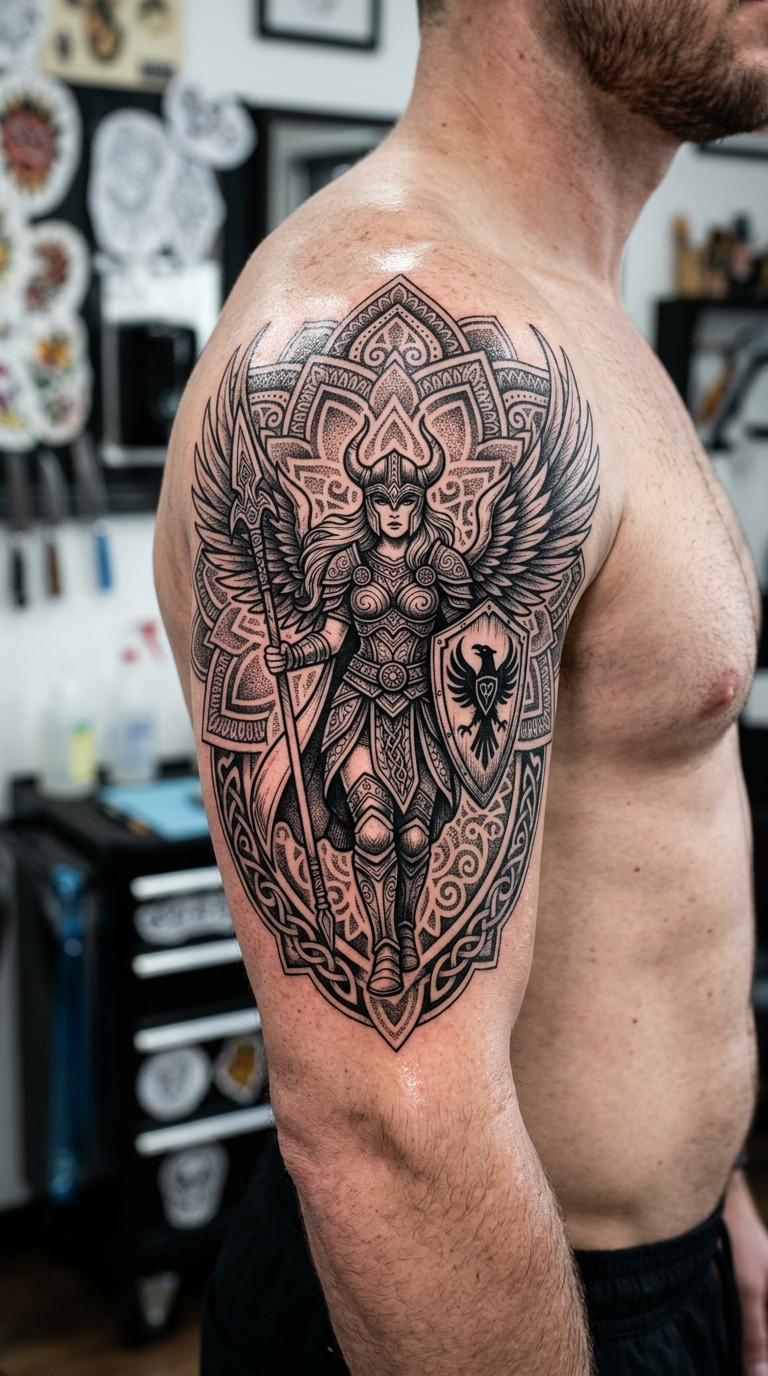 Valkyrie mit Speer als Mandala Tattoo für den Oberarm