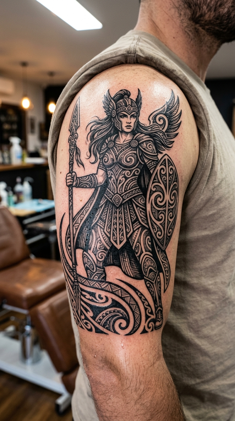 Valkyrie mit Speer als Maori Tattoo Idee für den Oberarm
