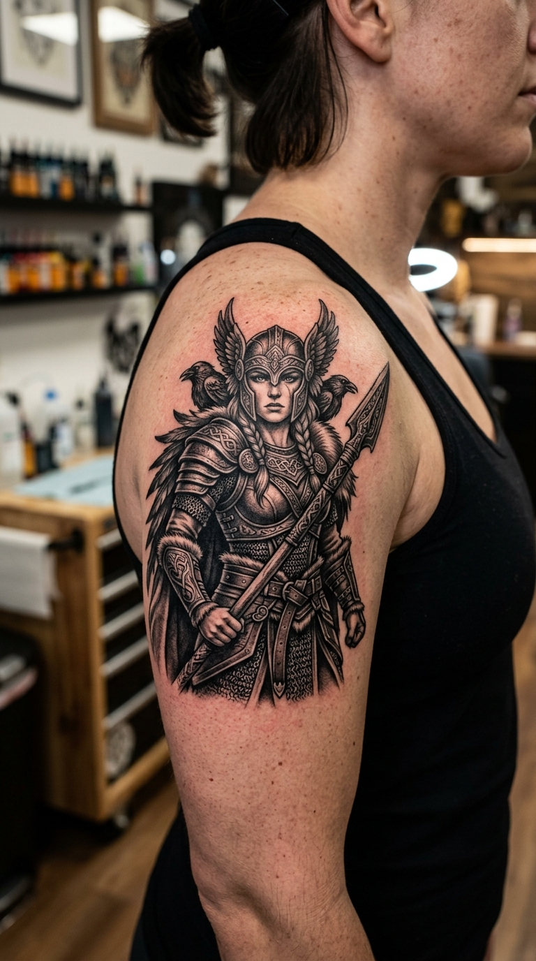 Valkyrie mit Speer Realistic Tattoo auf der Schulter