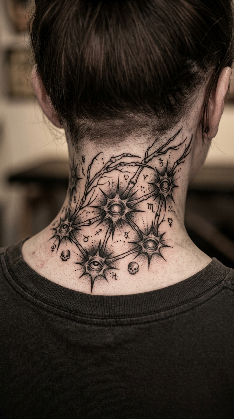 Verfluchte Sternenkarte als Horror Tattoo für den Nacken