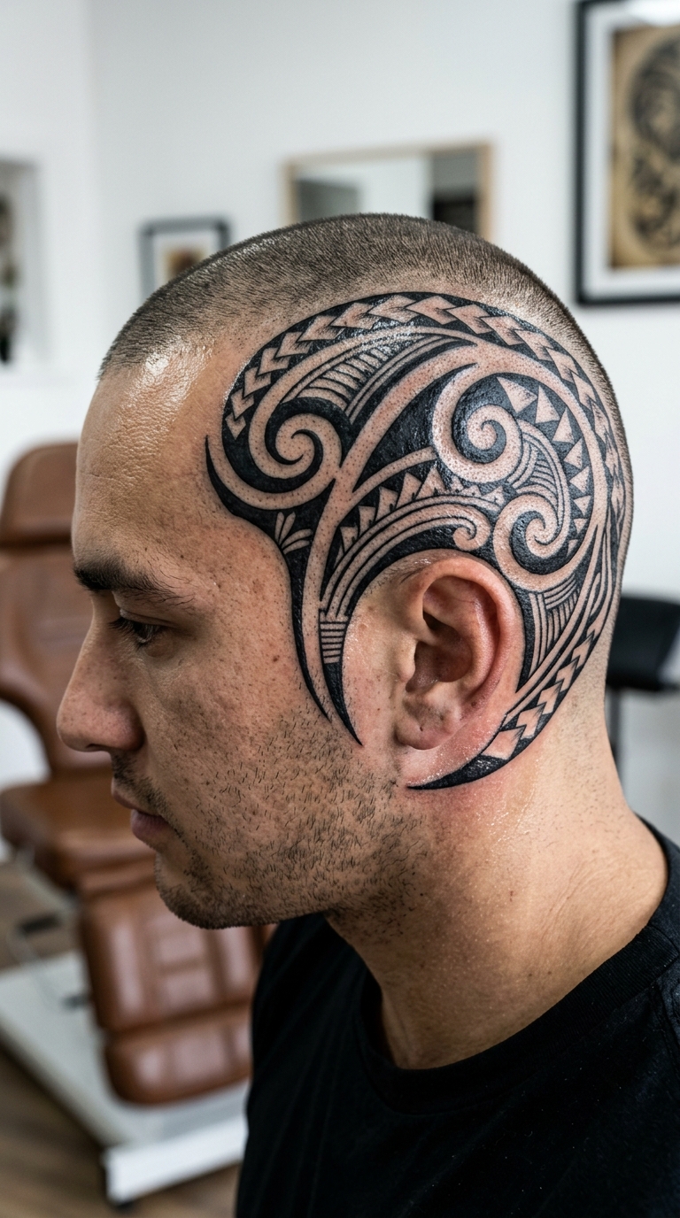 Vergänglichkeit als Maori Tattoo für den Kopf