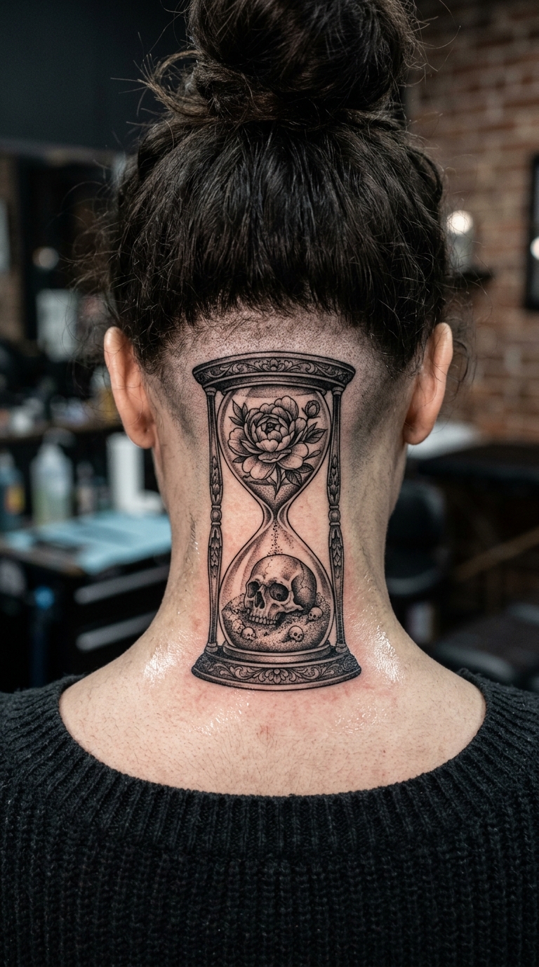 Vergänglichkeit als Realistic Tattoo für den Nacken