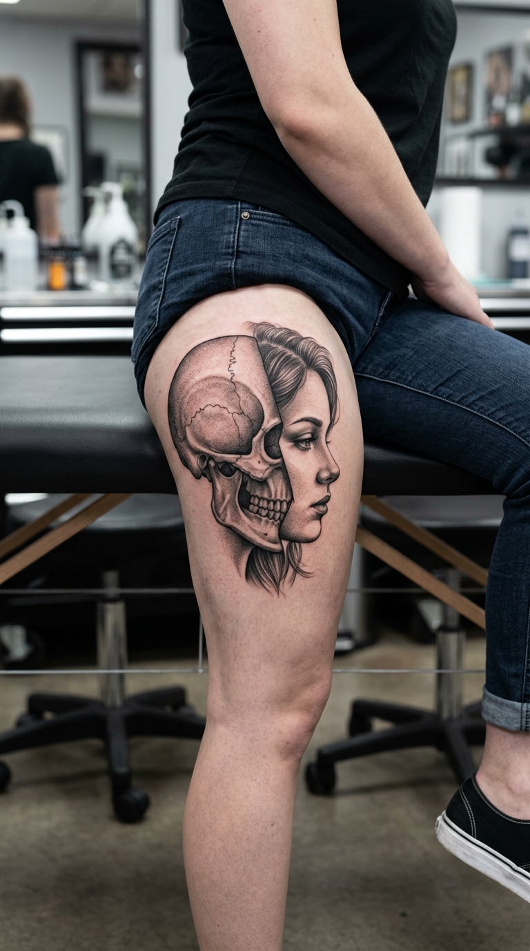 Vergänglichkeit und Neuanfang als Realistic Tattoo für den Oberschenkel