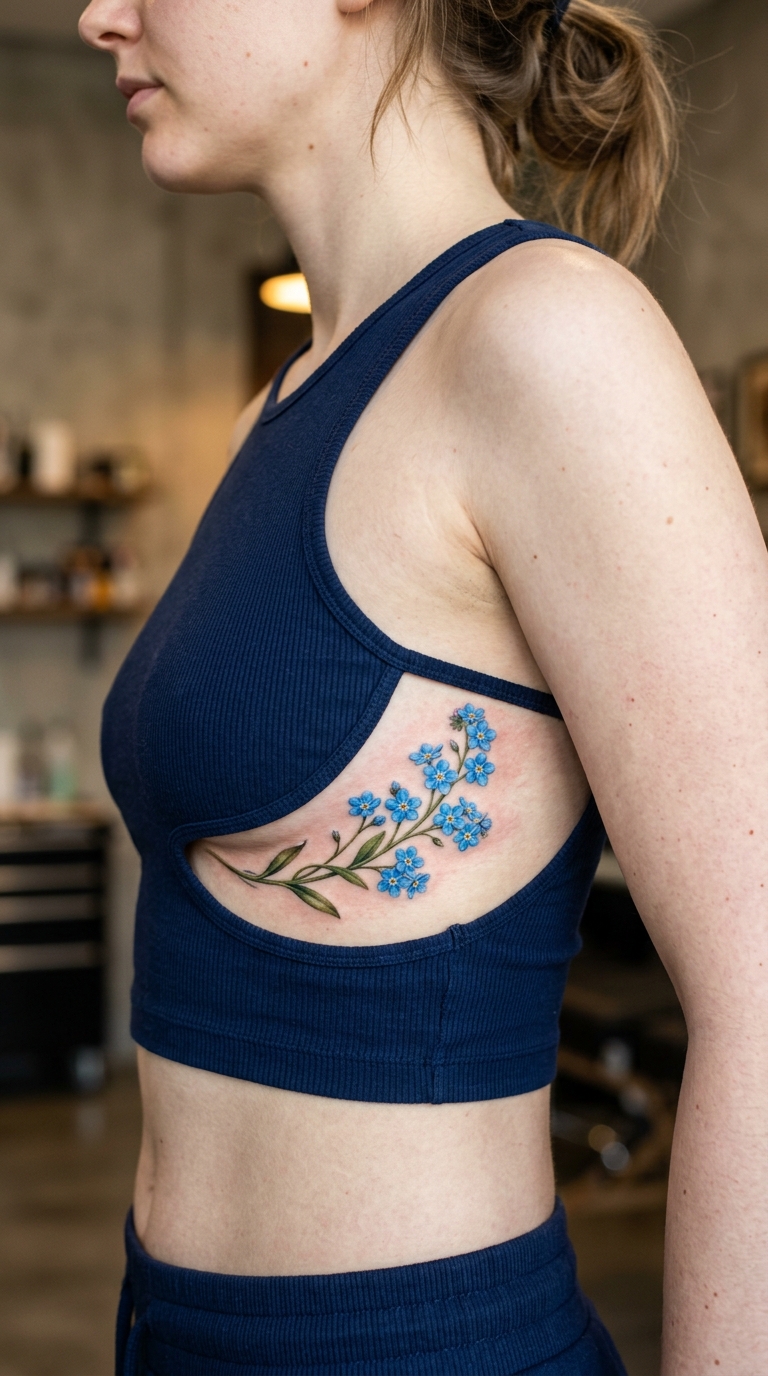 Vergissmeinnicht als 3D Tattoo für den Underboob