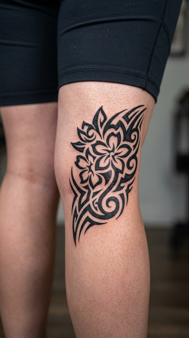 Vergissmeinnicht als Tribal Tattoo für die Kniekehle