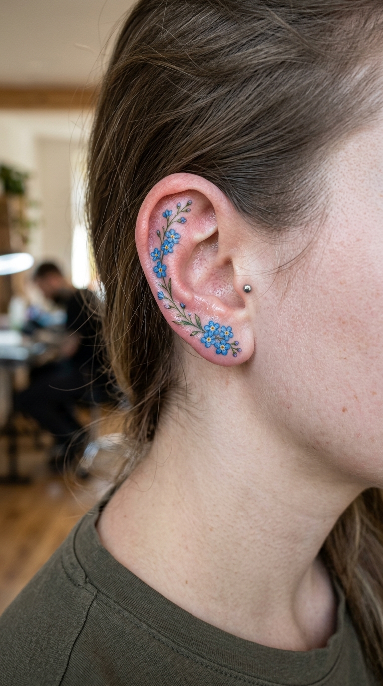 Vergissmeinnicht Tattoo Idee für das Ohr