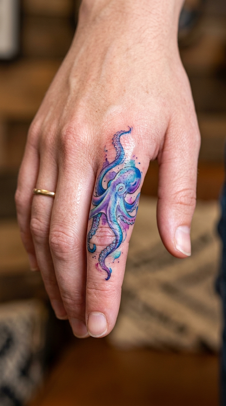 Verspielter Oktopus als Aquarell Tattoo für den Finger