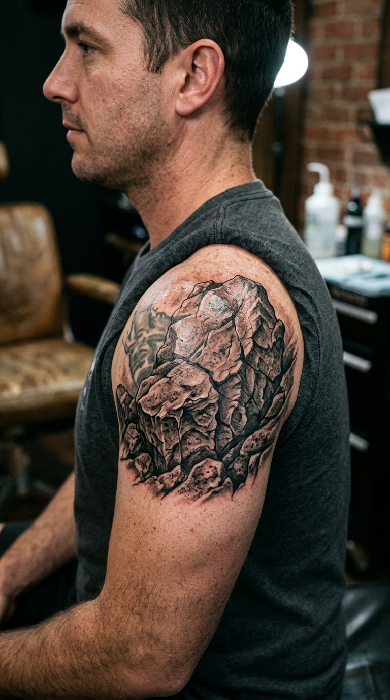 Verwitterter Fels als Cover up Tattoo für die Schulter