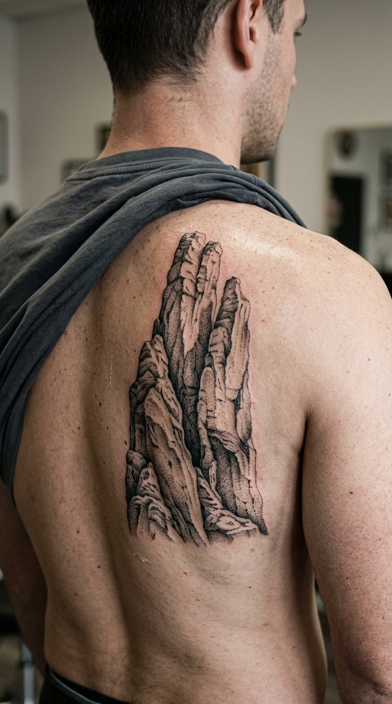 Verwitterter Fels als Dotwork Tattoo auf dem Rücken