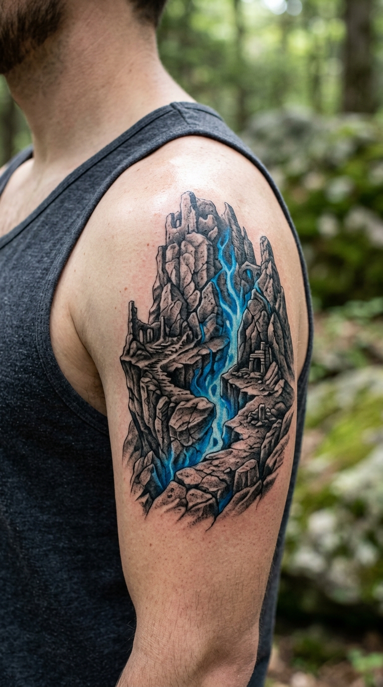 Verwitterter Fels als mystisches Fantasy Tattoo für die Schulter