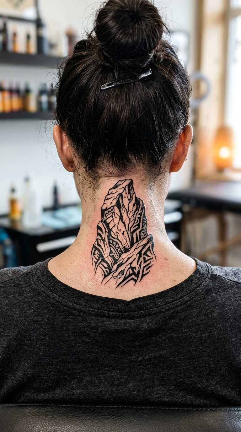 Verwitterter Fels als Tribal Tattoo im Nacken