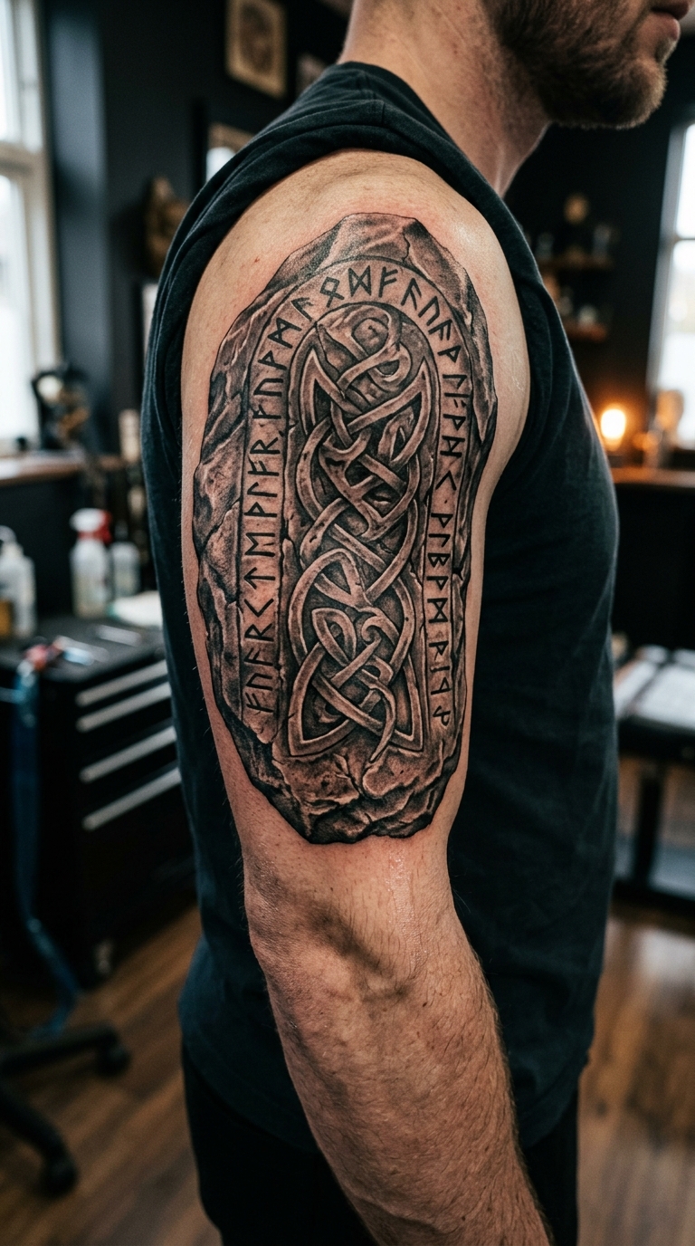 Verwitterter Fels mit Runen als Wikinger und Celtic Tattoo für den Oberarm