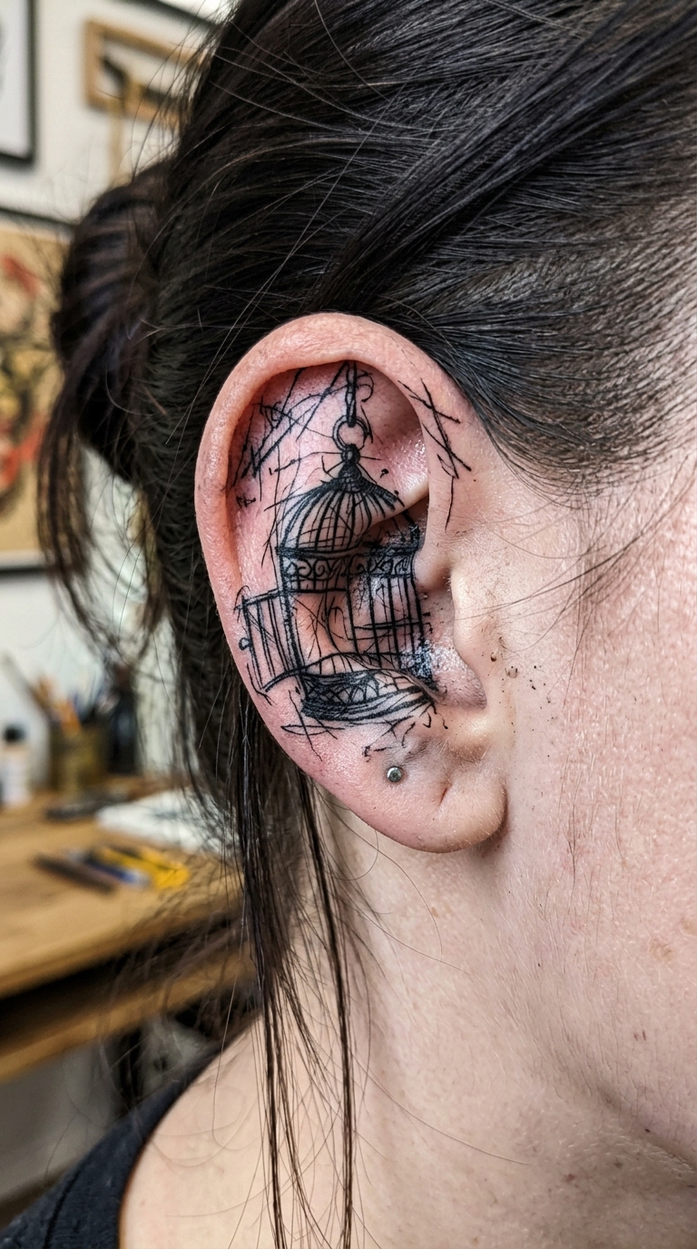 Vogelkäfig als kreuz und quer Tattoo auf dem Ohr