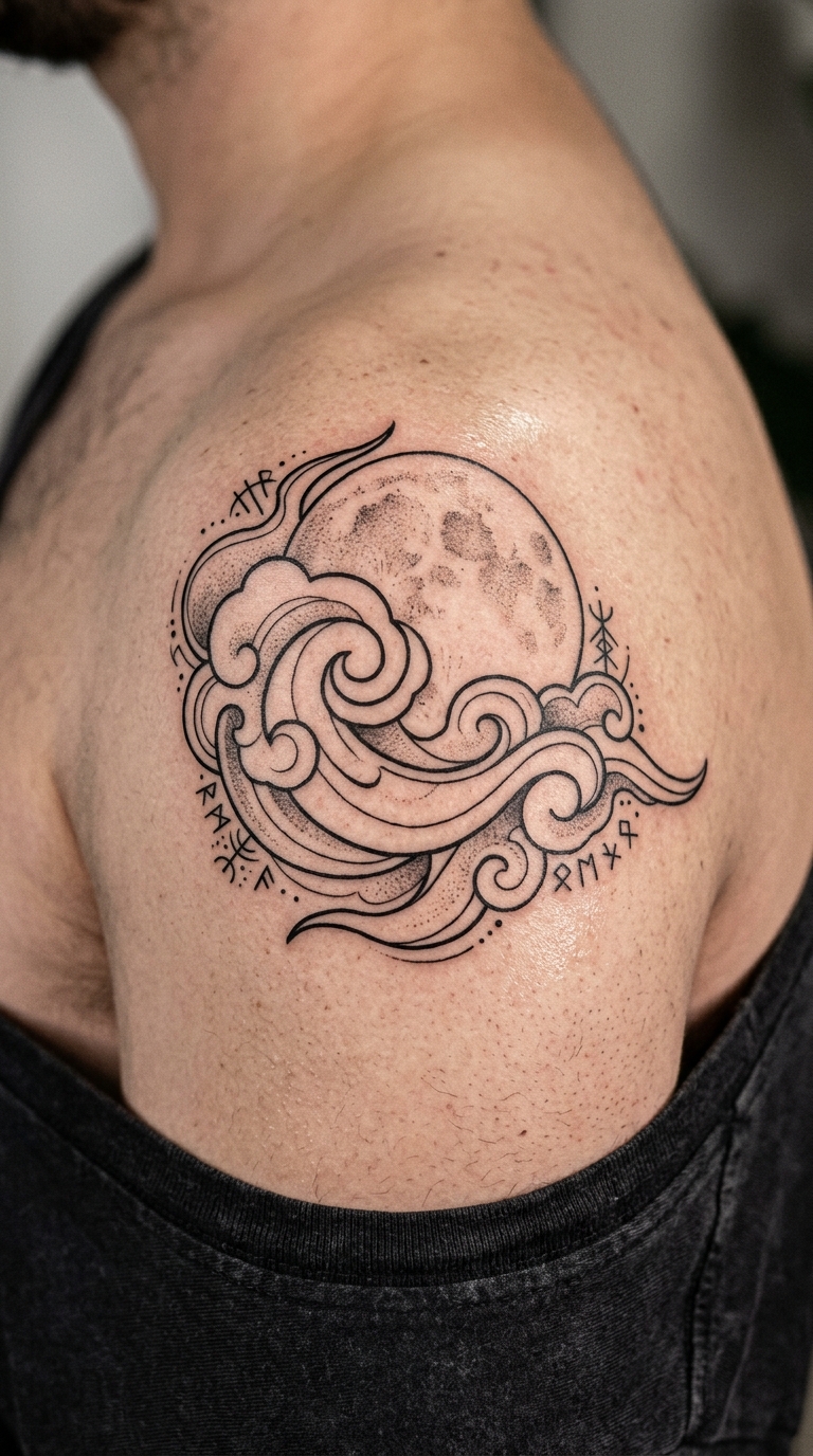 Vollmond hinter Wolken als abstraktes Zeichen Tattoo für die Schulter