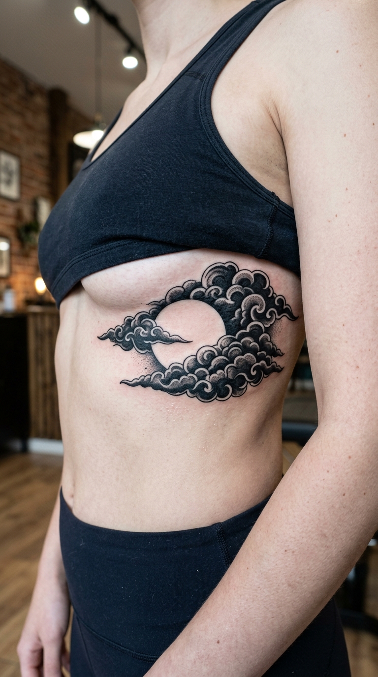 Vollmond hinter Wolken als Blackwork Tattoo für den Underboob
