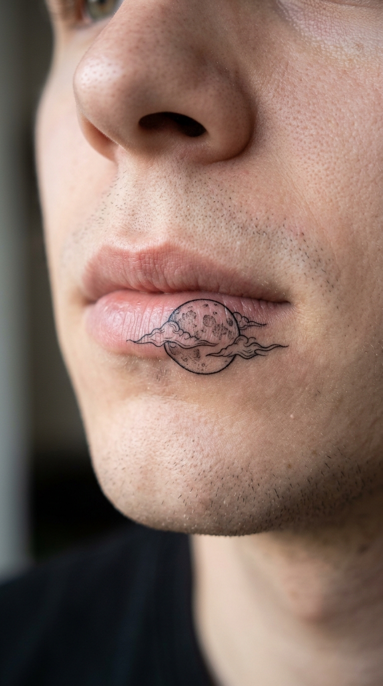 Vollmond hinter Wolken als Fineline Tattoo für die Unterlippe