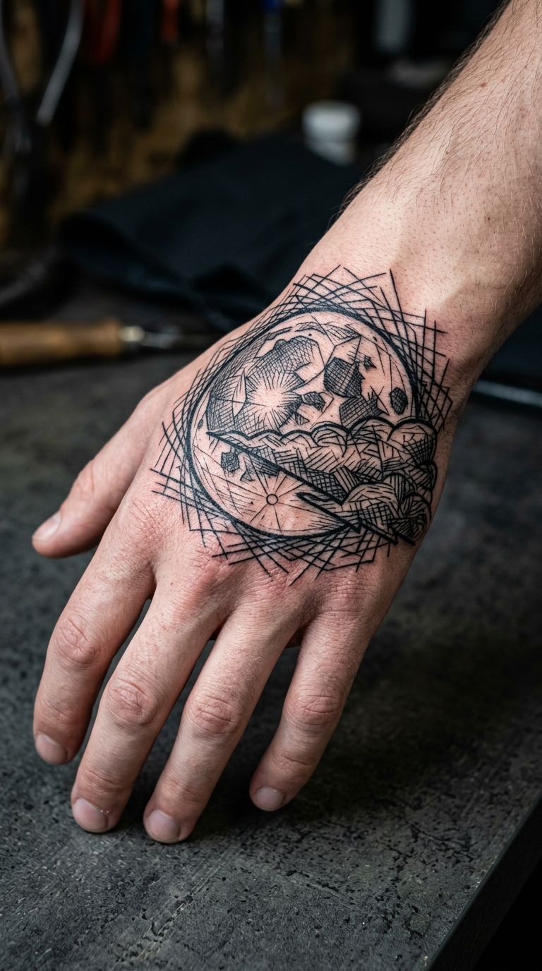Vollmond hinter Wolken als kreuz und quer Tattoo auf der Hand
