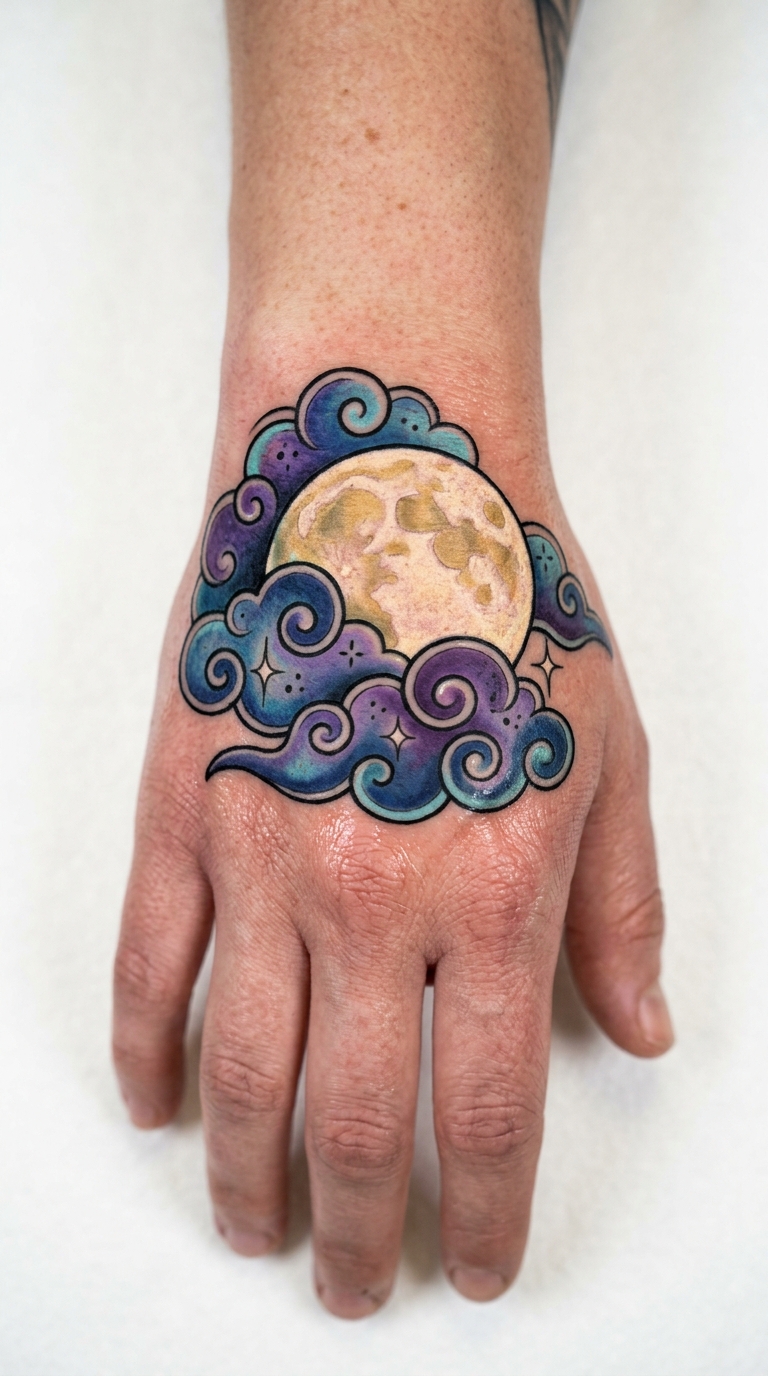 Vollmond hinter Wolken als Neo Traditional Tattoo für die Hand