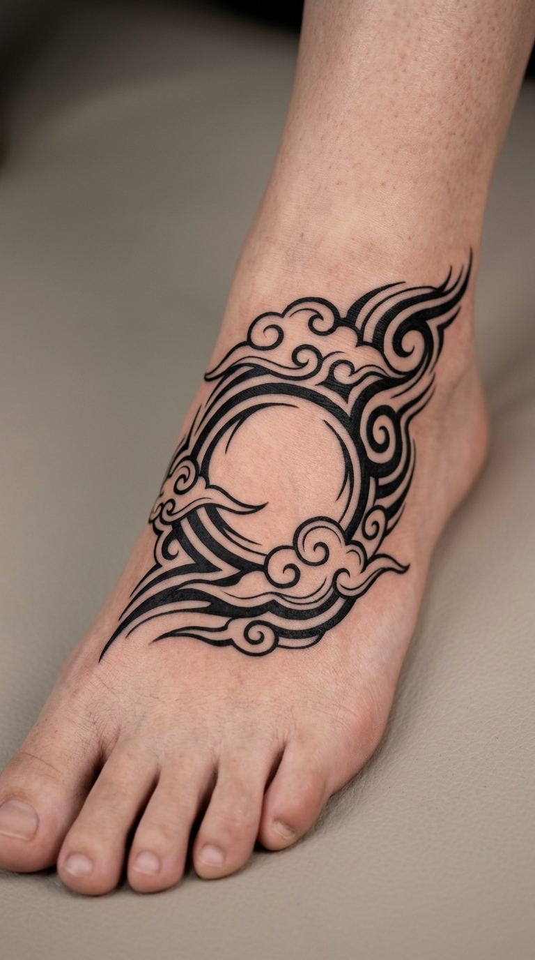 Vollmond hinter Wolken als Tribal Tattoo Idee für den Fuß
