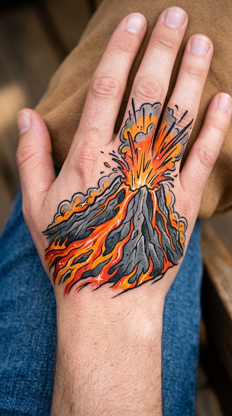 Vulkanausbruch als Comic Tattoo für die Hand