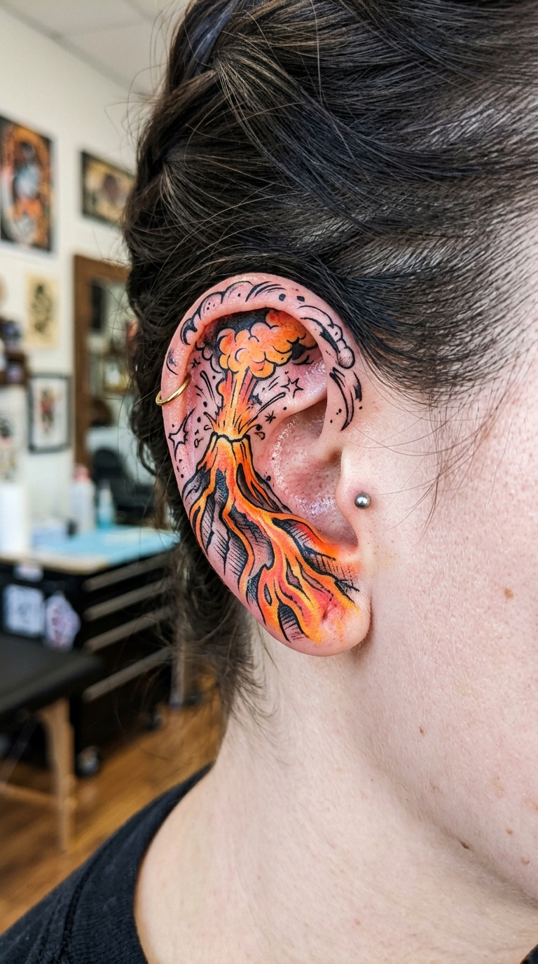 Vulkanausbruch Tattoo Idee für das Ohr