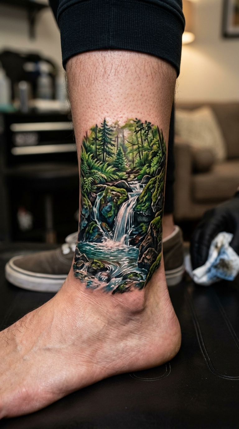 Waldwasserfall als 3D Tattoo für den Knöchel