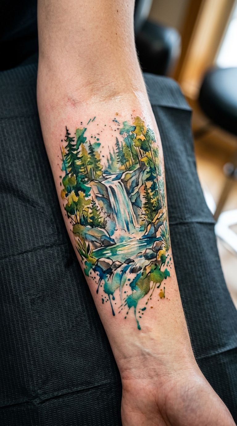 Waldwasserfall als Aquarell Tattoo Idee für den Arm
