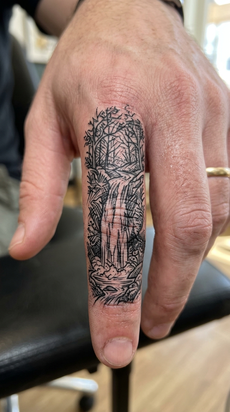 Waldwasserfall als kreuz und quer Tattoo für den Finger