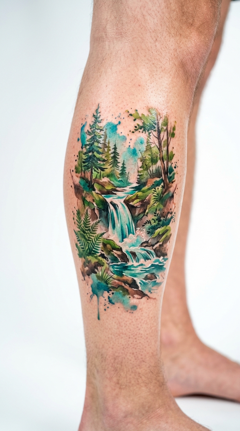 Waldwasserfall als lebendiges Aquarell Tattoo für das Bein