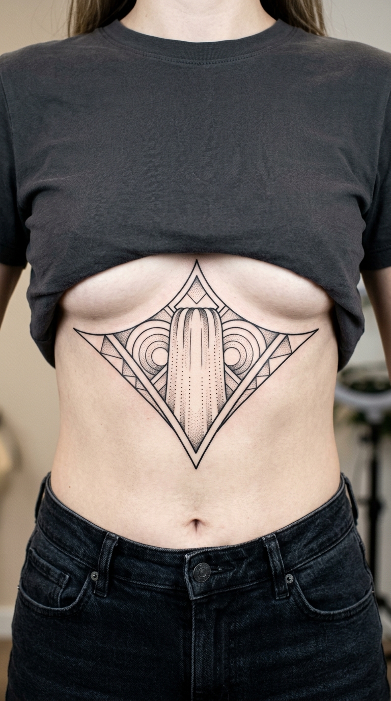 Wasserfall als grafisches Zeichen Tattoo für den Underboob