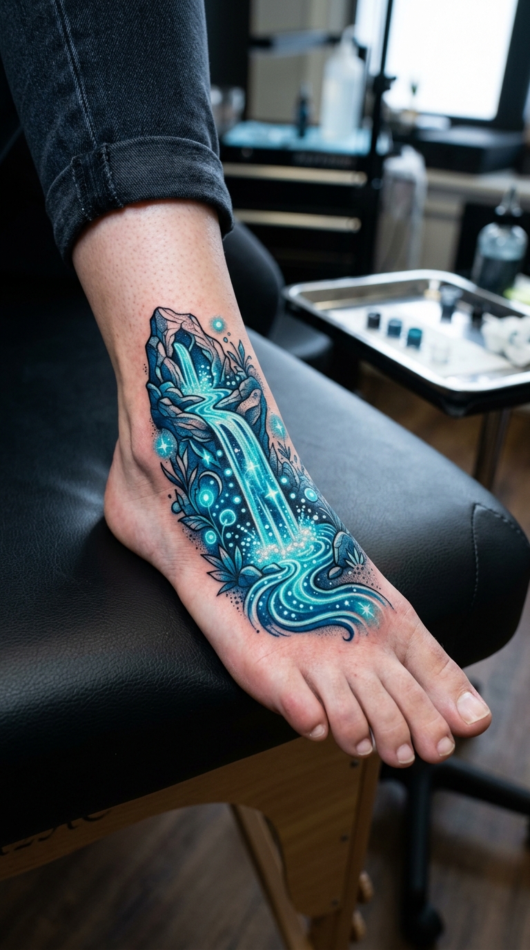 Wasserfall aus flüssigem Licht Tattoo Idee für den Fuß