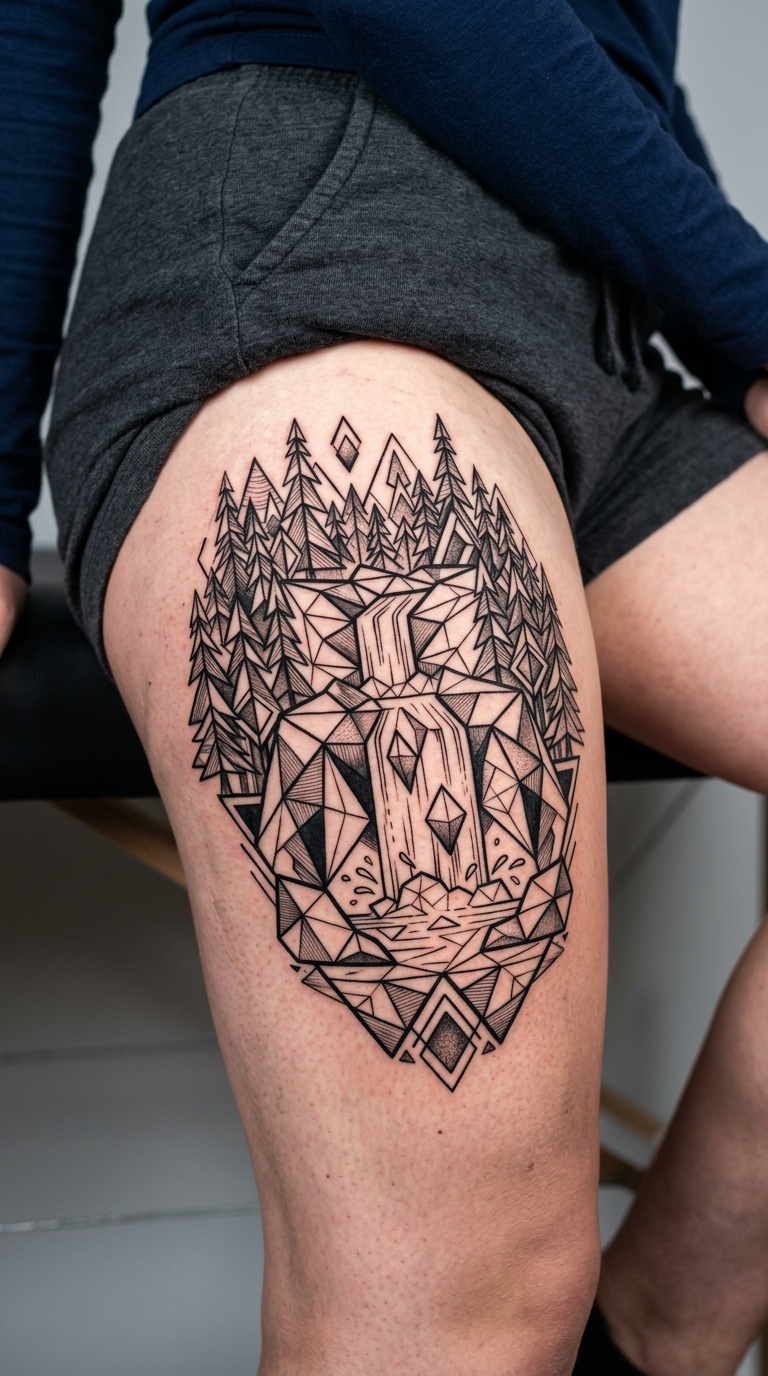 Wasserfall in geometrischer Form als Tattoo für den Oberschenkel