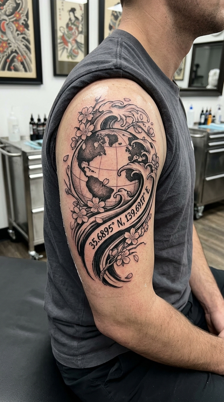 Weltkugel und Koordinaten als japanisches Tattoo für den Oberarm