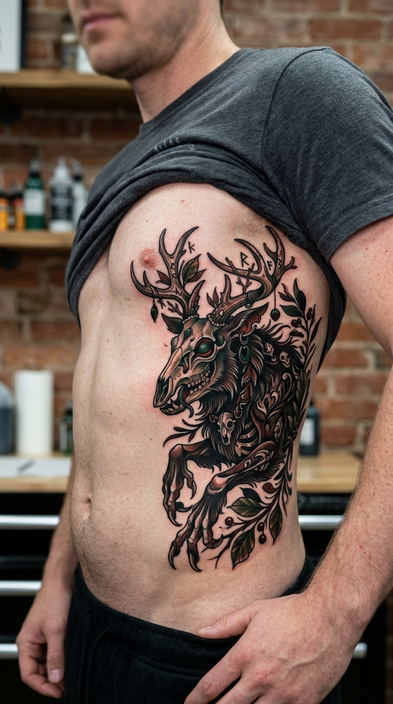 Wendigo als Neo Traditional Tattoo für die Rippen
