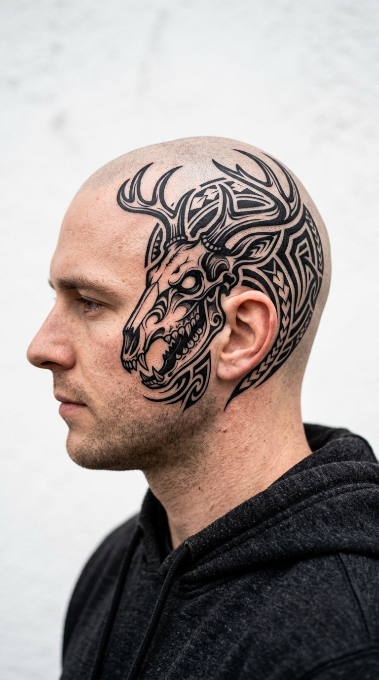 Wendigo im Tribal Look als Tattoo für den Kopf