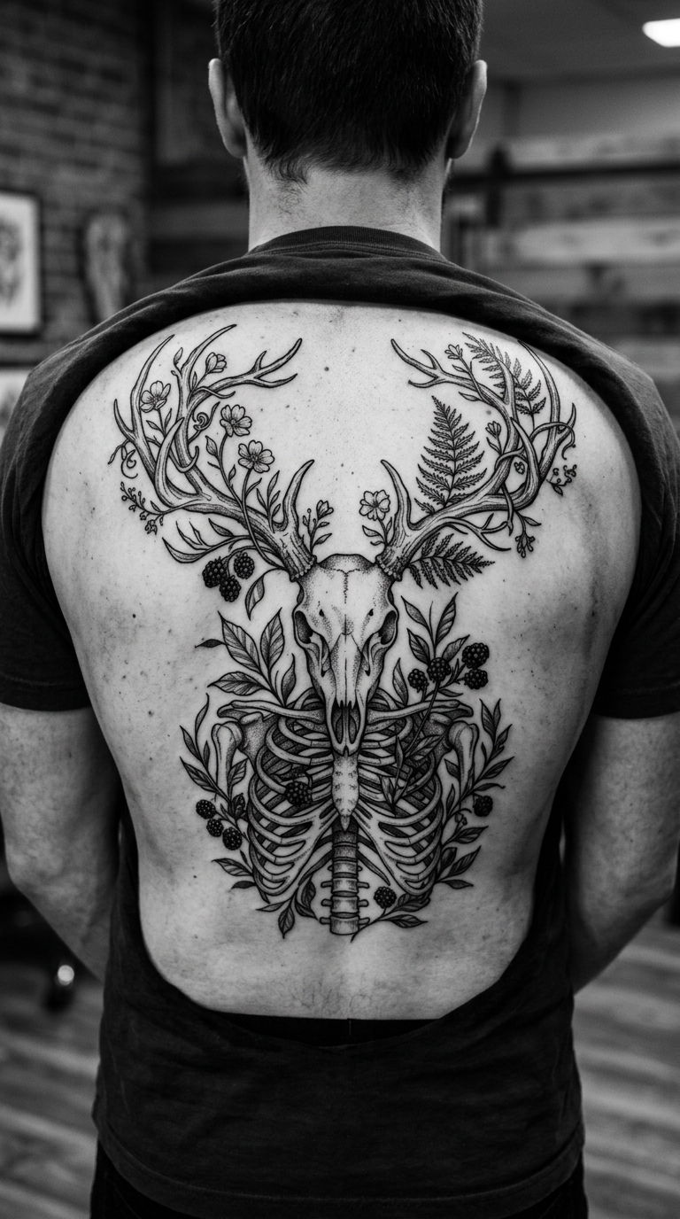 Wendigo Tattoo Vorlage als florales Design für den Rücken