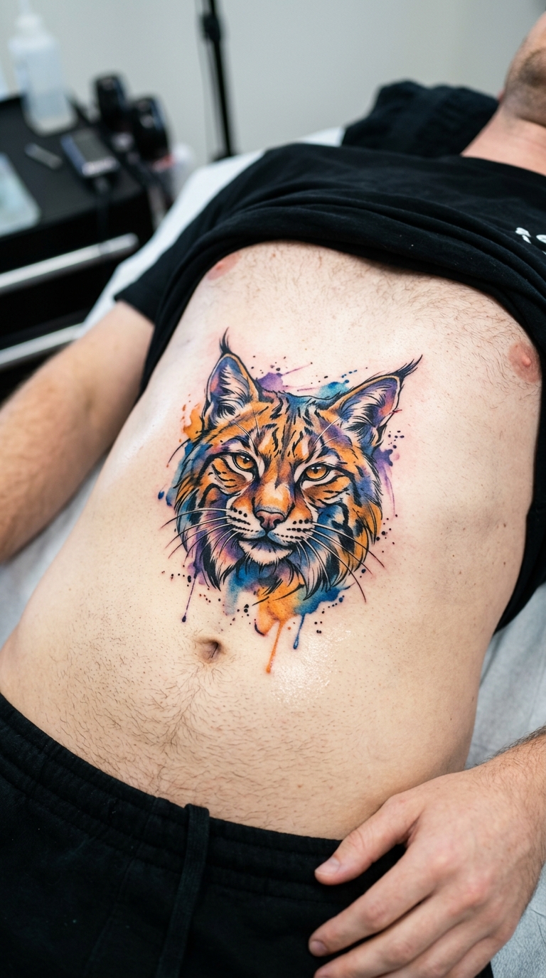 Wildkatze als lebendiges Aquarell Tattoo für den Bauch