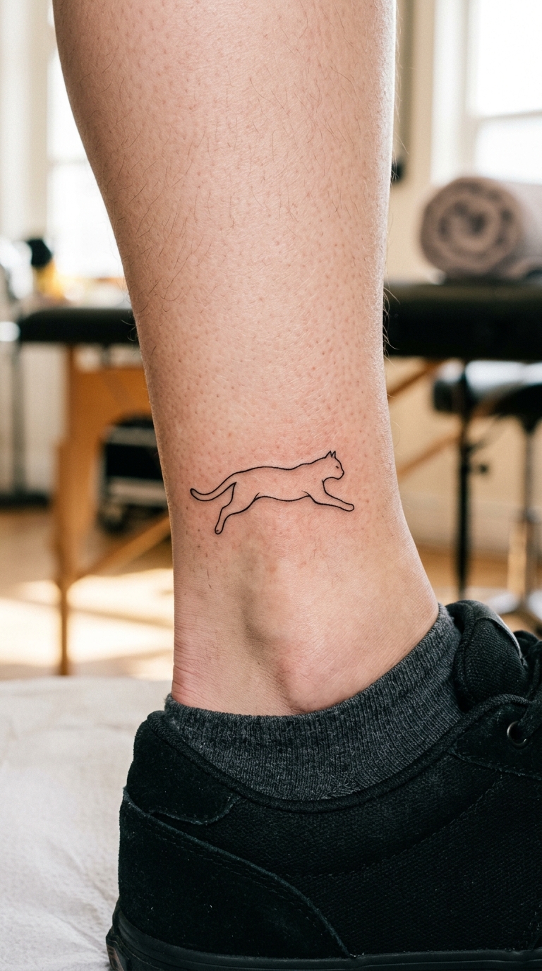 Wildkatze als minimalistisches Tattoo für den Knöchel