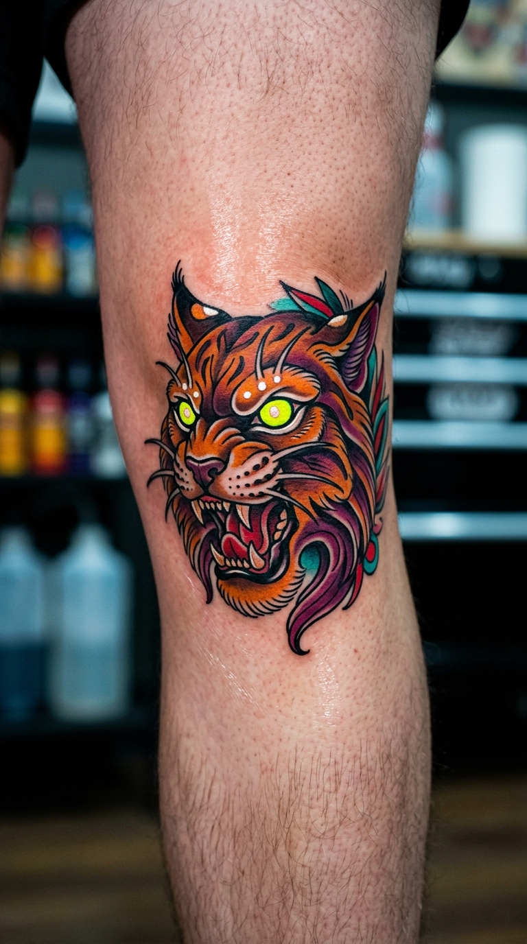 Wildkatze als Oldschool und Newschool Tattoo für die Kniekehle