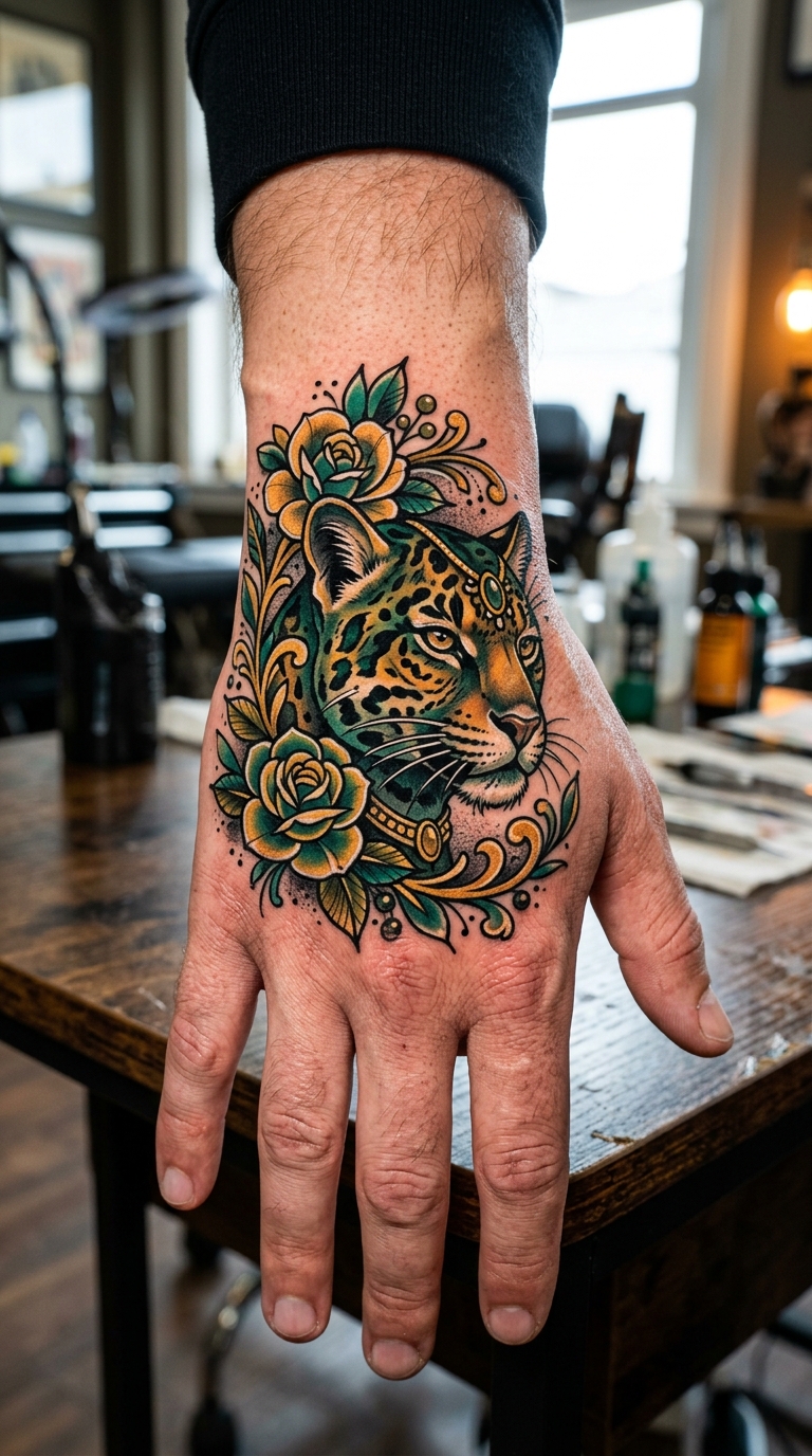 Wildkatze Tattoo Vorlage im Neo Traditional Stil auf der Hand