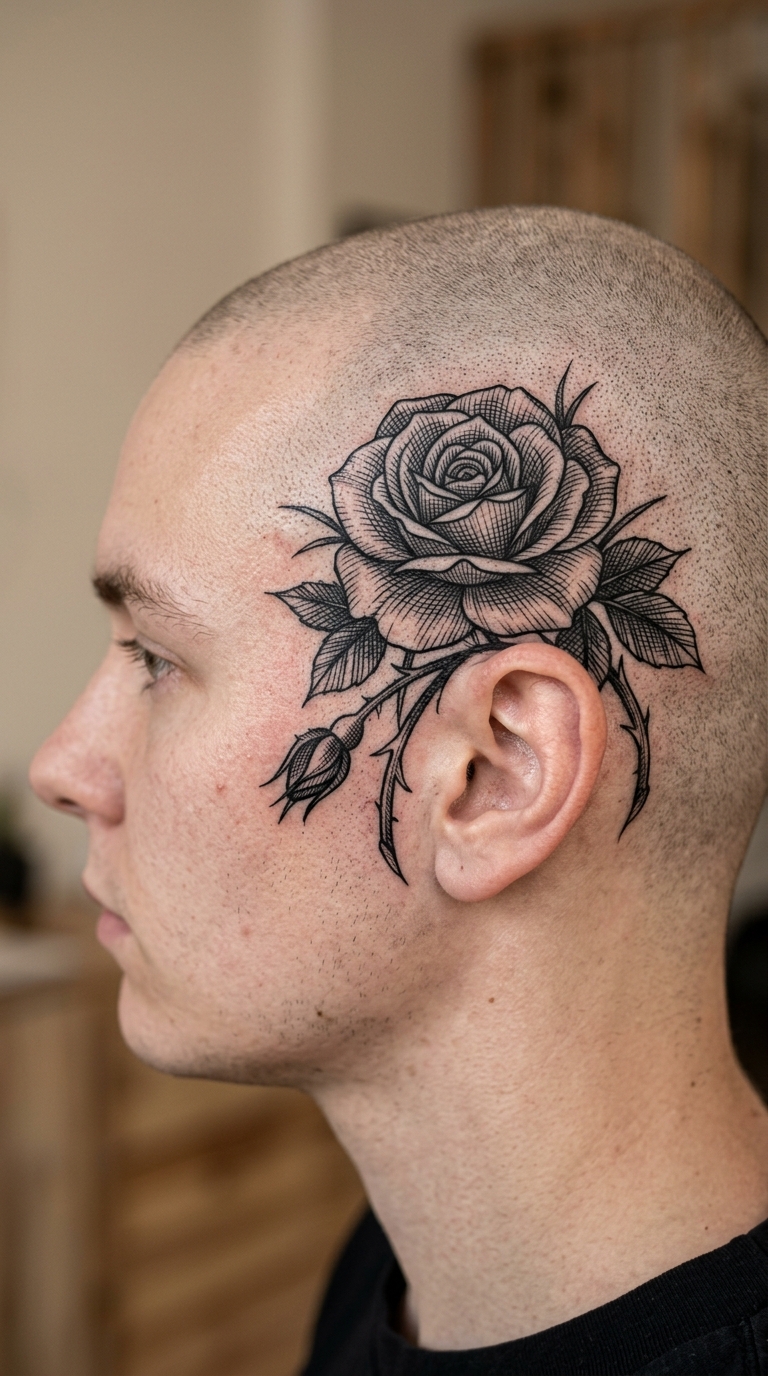 Wildrose als kreuz und quer Tattoo auf dem Kopf