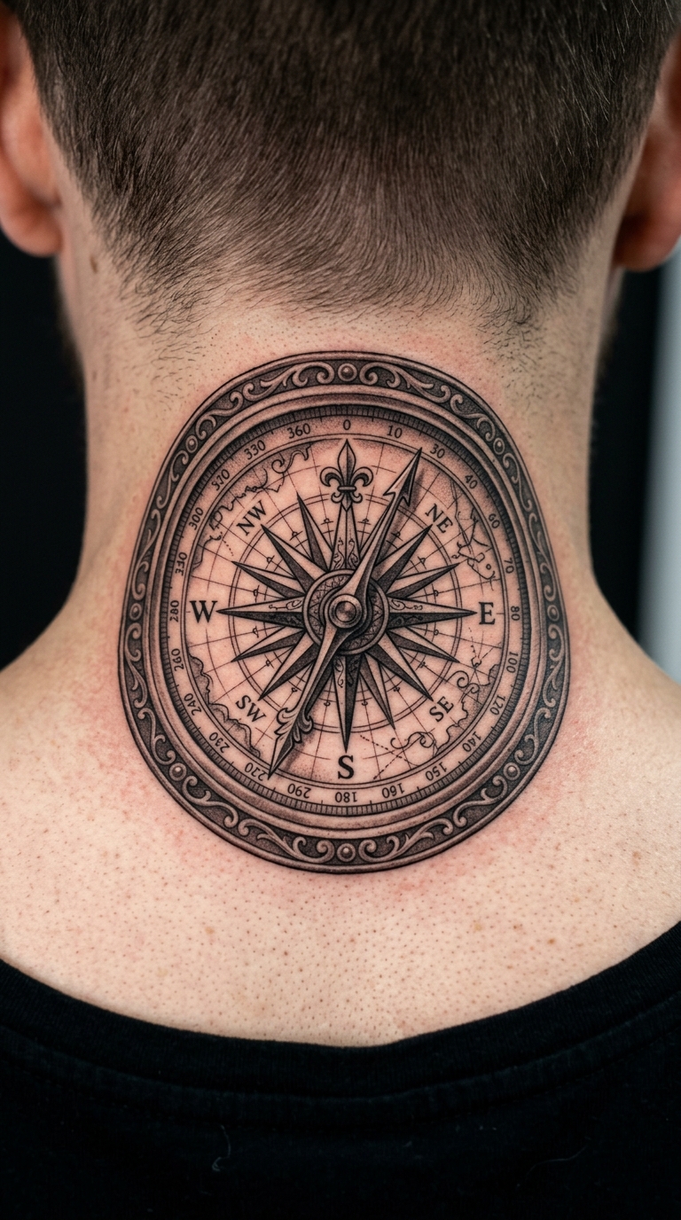 Windrose mit Kompass als Realistic Tattoo am Hals