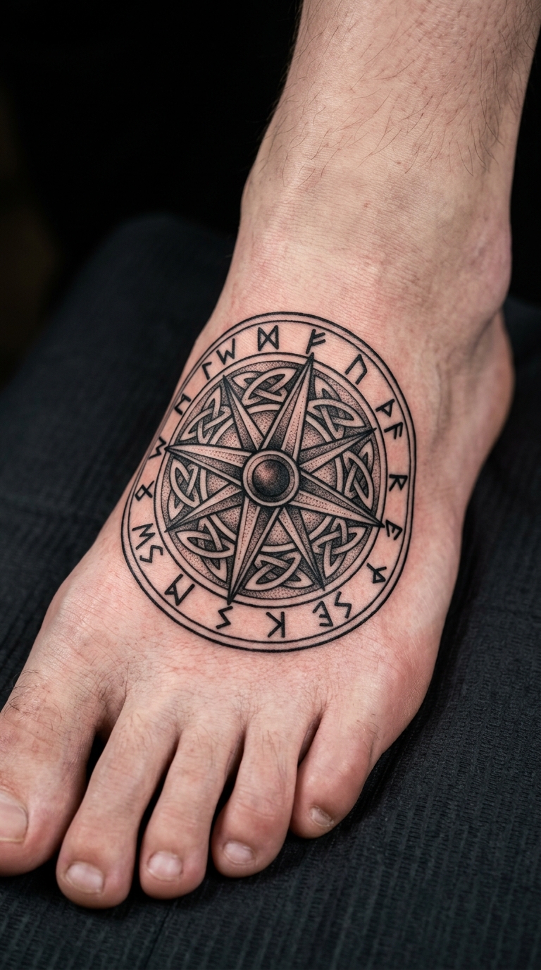 Windrose mit Runen als Wikinger und Celtic Tattoo für den Fuß