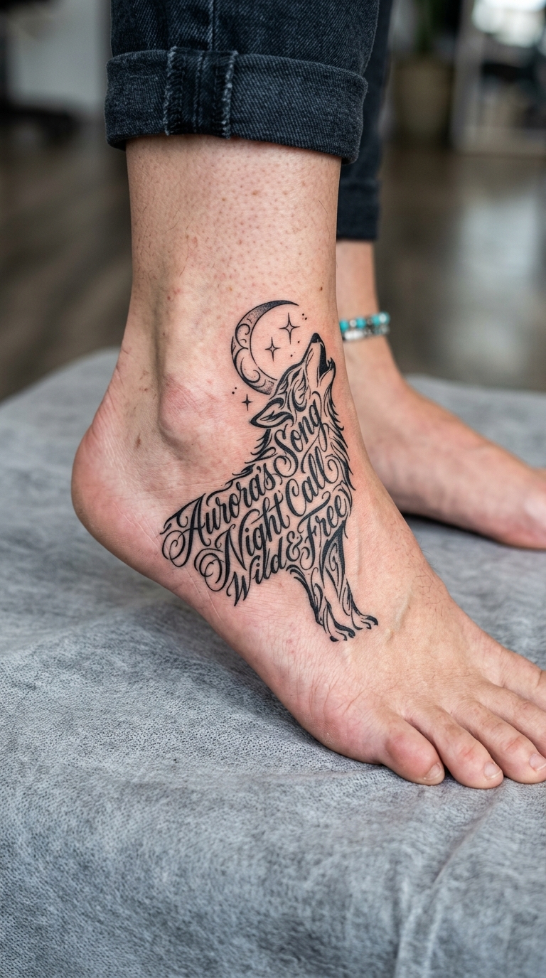 Wolf im Mondlicht als Schrift Tattoo für den Fuß