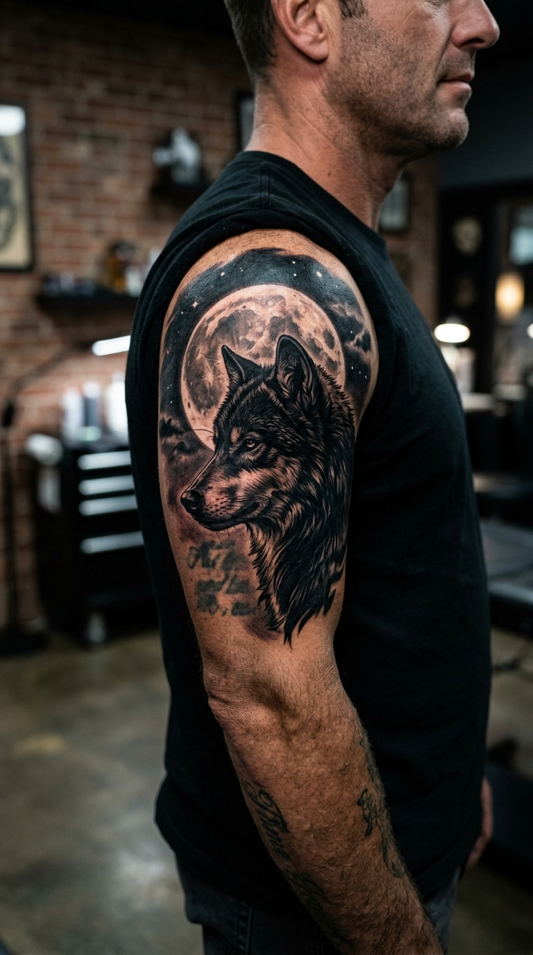 Wolf im Mondlicht als stimmungsvolles Cover up Tattoo für den Oberarm