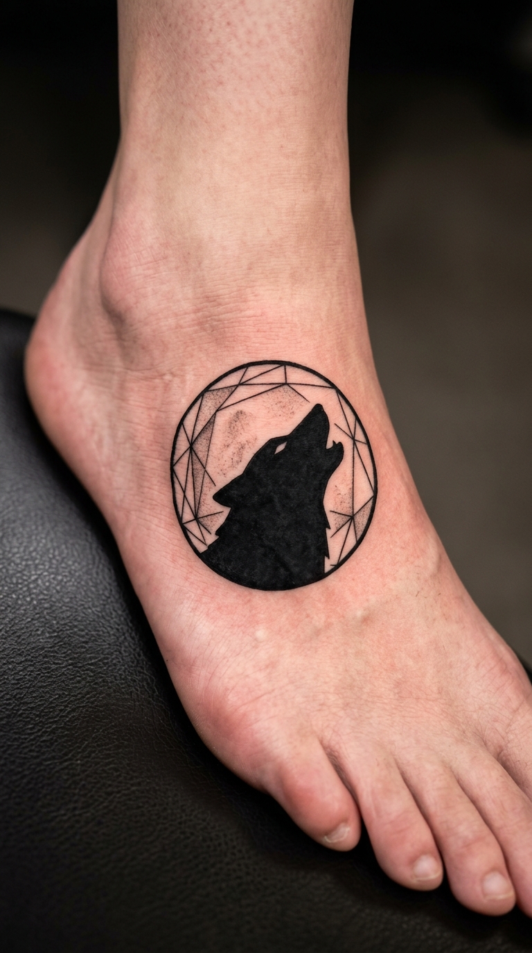 Wolf im Mondlicht als Zeichen und Symbol Tattoo am Fuß