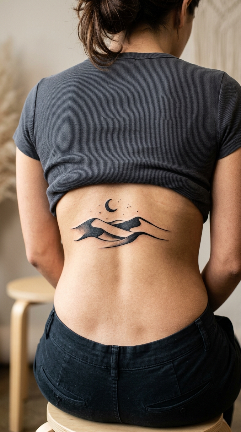 Wüstendünen als Blackwork Tattoo für das Steißbein